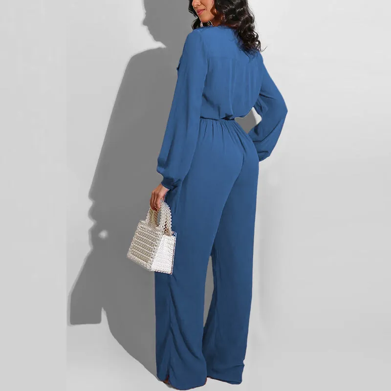 Solid Deep V-Neck Button Detailed Jumpsuit