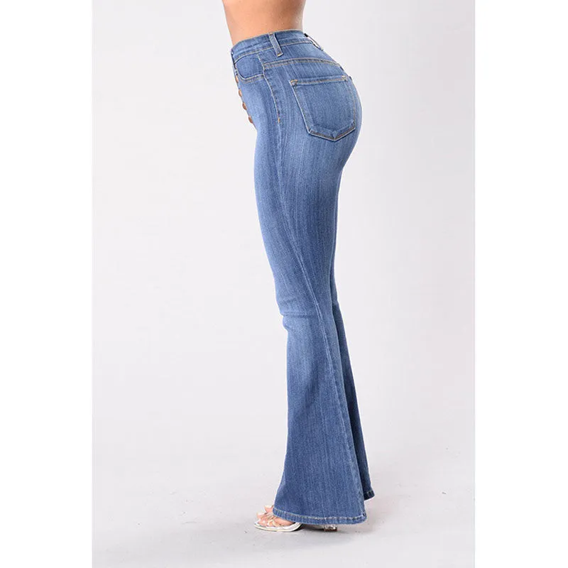 Solid High Waist Button Detailed Bell Bottomed Denim Pants