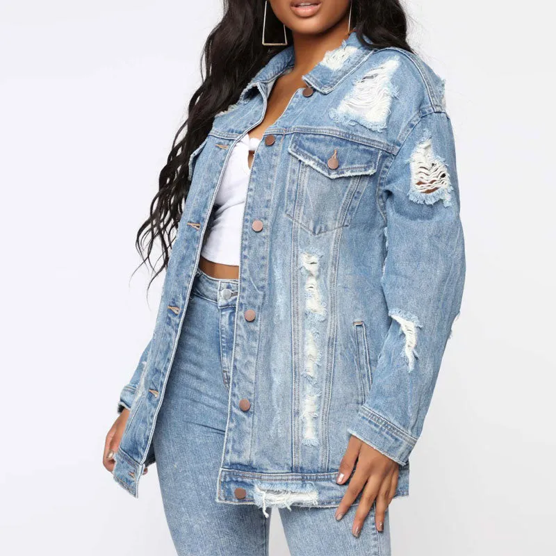 Solid Long Sleeve Button Detailed Cut Out Denim Coat