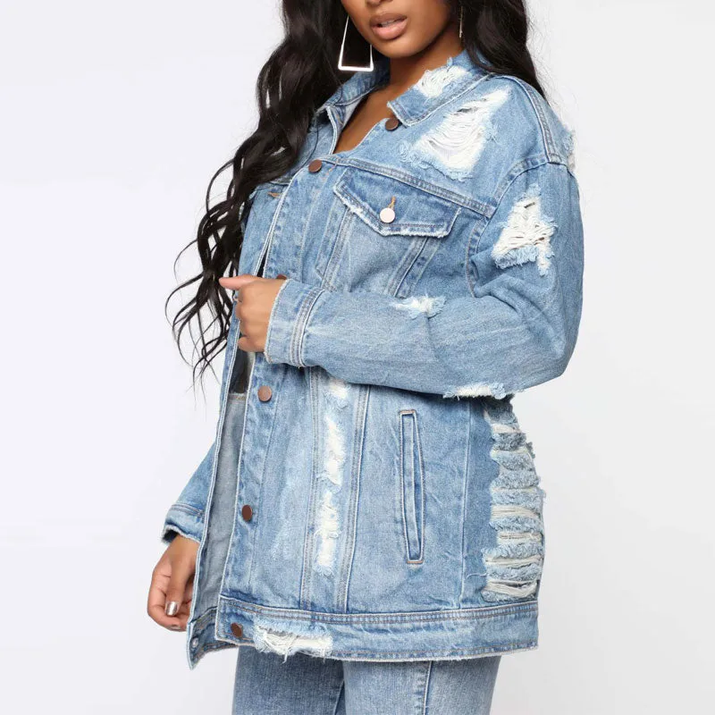 Solid Long Sleeve Button Detailed Cut Out Denim Coat