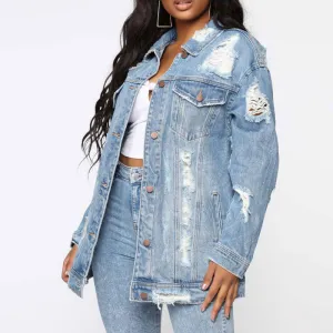 Solid Long Sleeve Button Detailed Cut Out Denim Coat