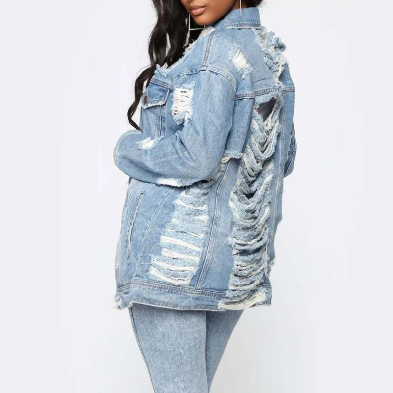 Solid Long Sleeve Button Detailed Cut Out Denim Coat