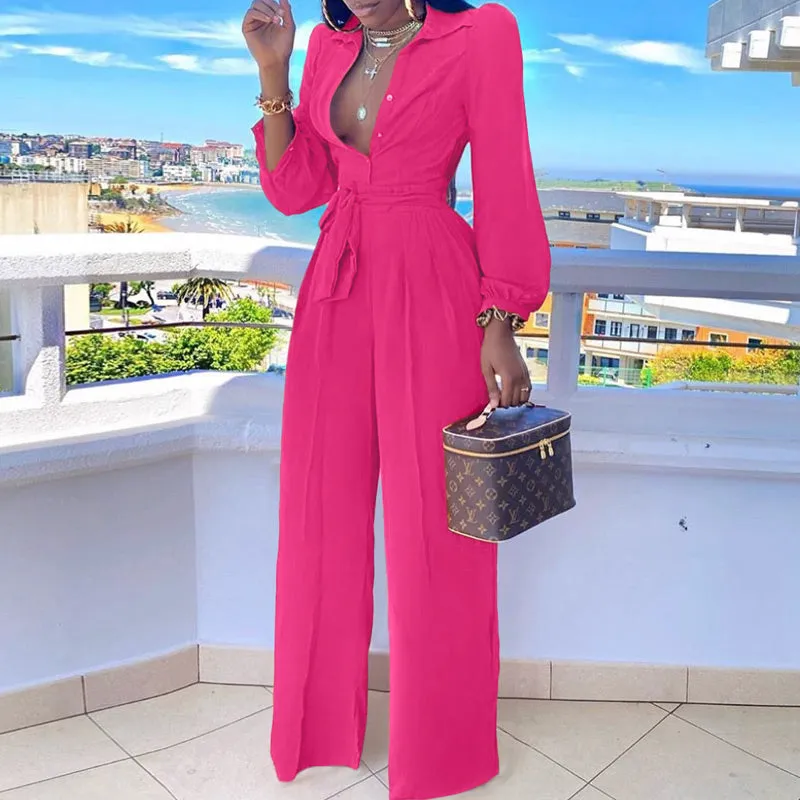 Solid Long Sleeve Button Detailed Jumpsuit With Belt