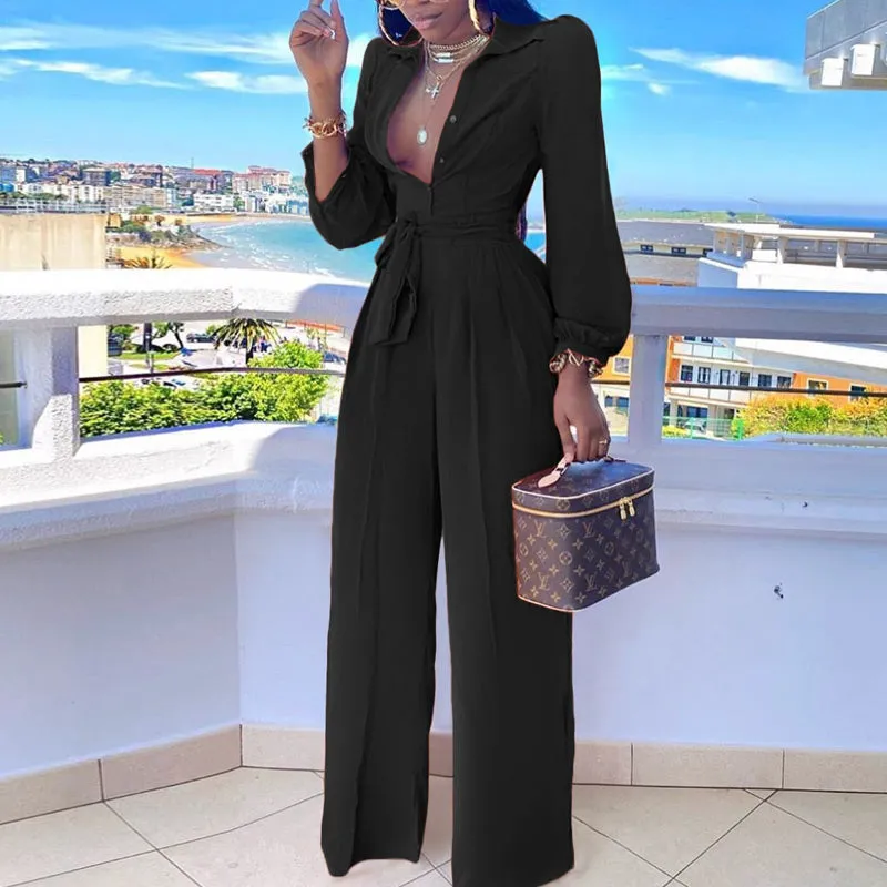 Solid Long Sleeve Button Detailed Jumpsuit With Belt