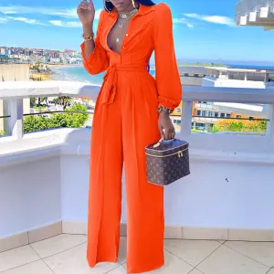 Solid Long Sleeve Button Detailed Jumpsuit With Belt