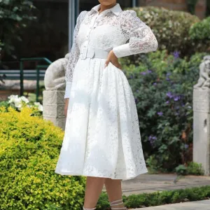 Solid Long Sleeve Button Detailed Lace Midi Dress
