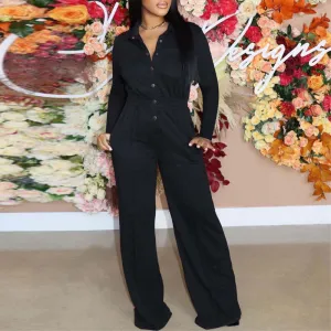 Solid Long Sleeve Button Detailed Loose Jumpsuit