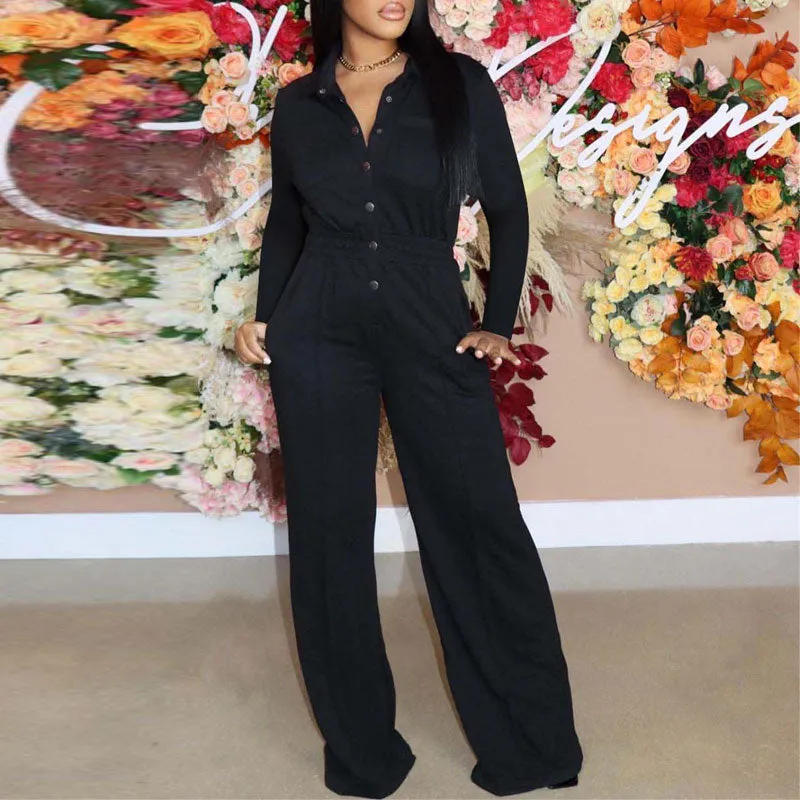 Solid Long Sleeve Button Detailed Loose Jumpsuit