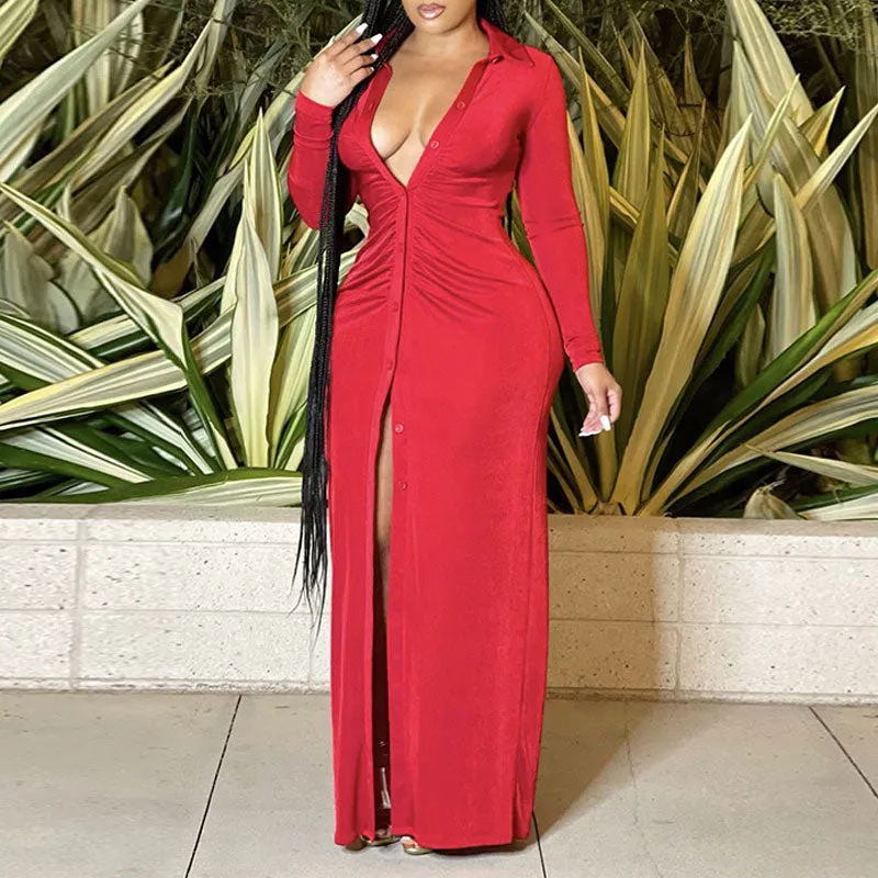Solid Long Sleeve Button Detailed Maxi Dress