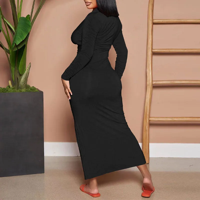 Solid Long Sleeve Button Detailed Ruched Maxi Dress