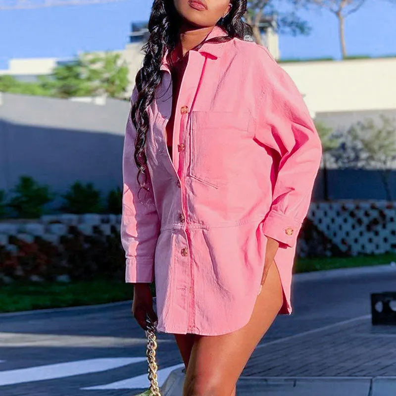 Solid Long Sleeve Button Detailed Slit Shirt Dress