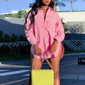 Solid Long Sleeve Button Detailed Slit Shirt Dress