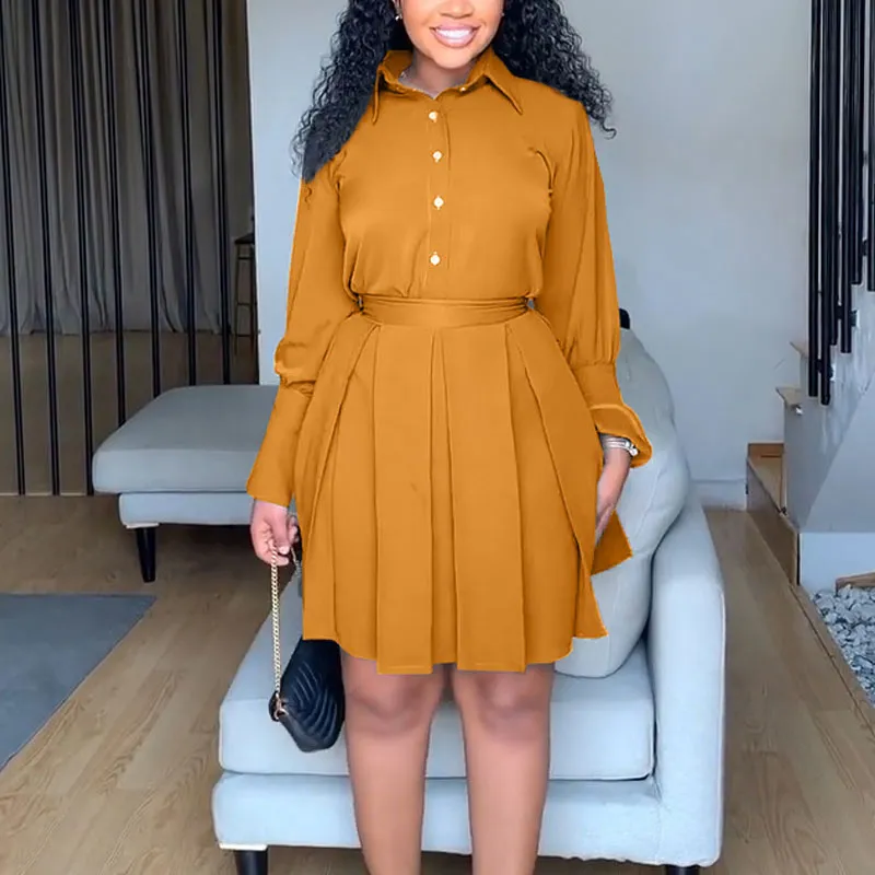 Solid Long Sleeve Button Detailed Top & Pleated Skirt Set