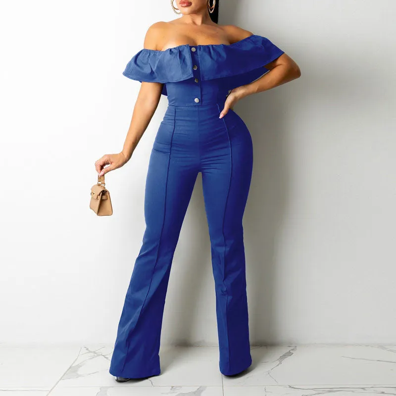 Solid Off Shoulder Button Detailed Ruffles Jumpsuit