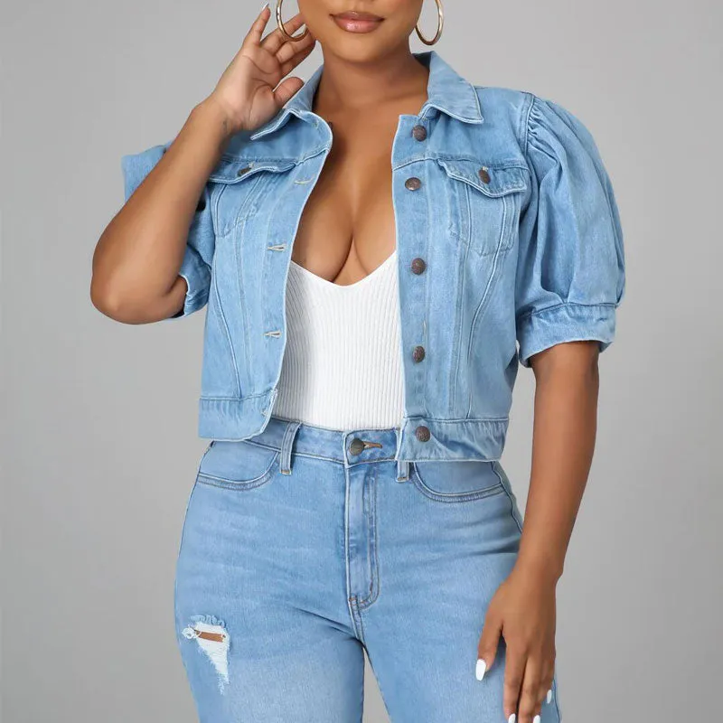 Solid Puff Sleeve Button Detailed Denim Coat