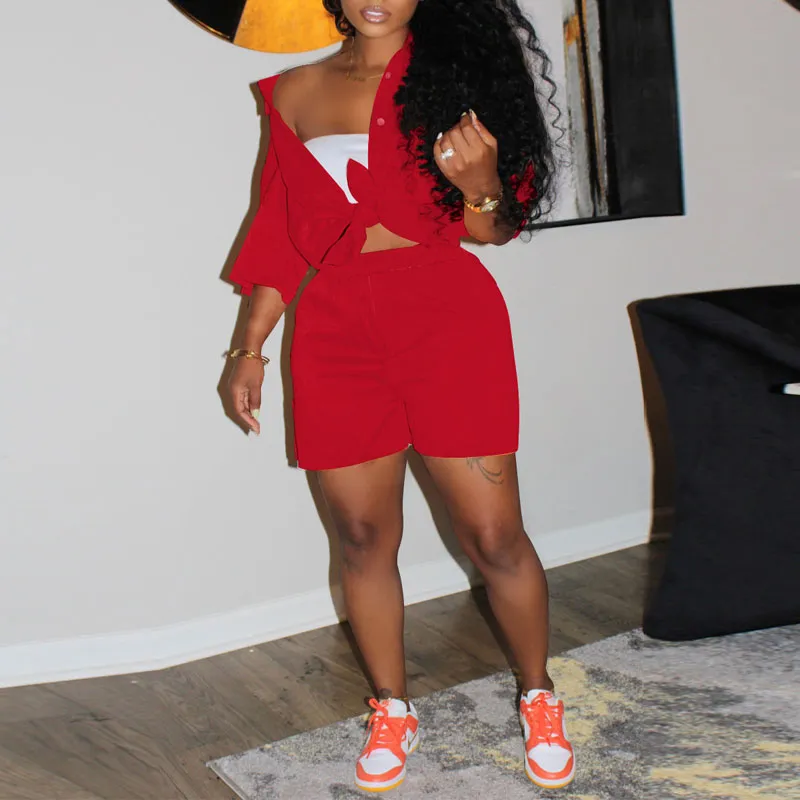Solid Short Sleeve Button Detailed Blouse & Shorts Set