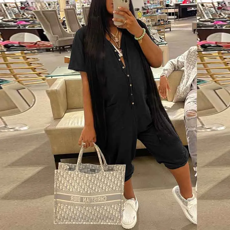 Solid Short Sleeve Button Detailed Loose Jumpsuit