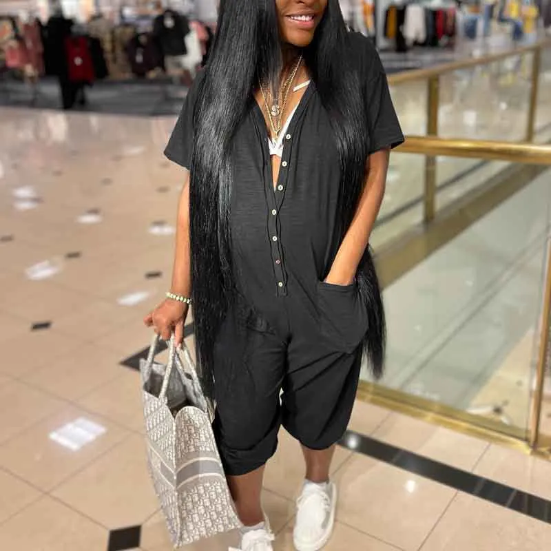 Solid Short Sleeve Button Detailed Loose Jumpsuit