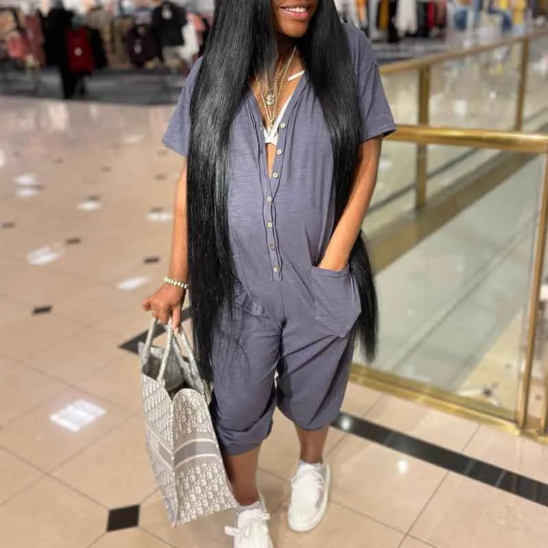 Solid Short Sleeve Button Detailed Loose Jumpsuit