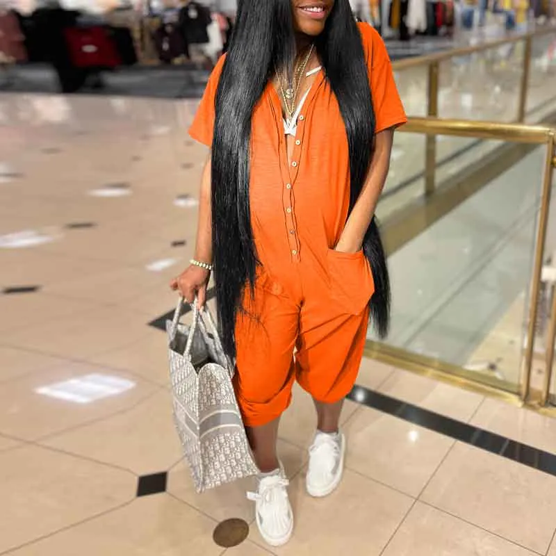 Solid Short Sleeve Button Detailed Loose Jumpsuit