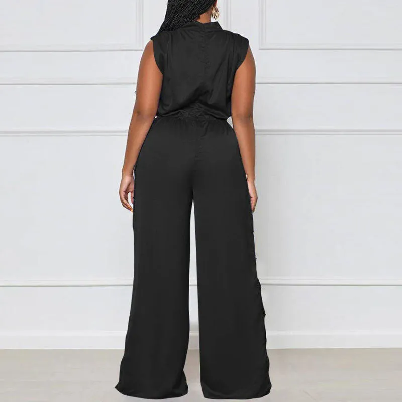 Solid Sleeveless Cowl Neck Button Detailed Slit Jumpsuit