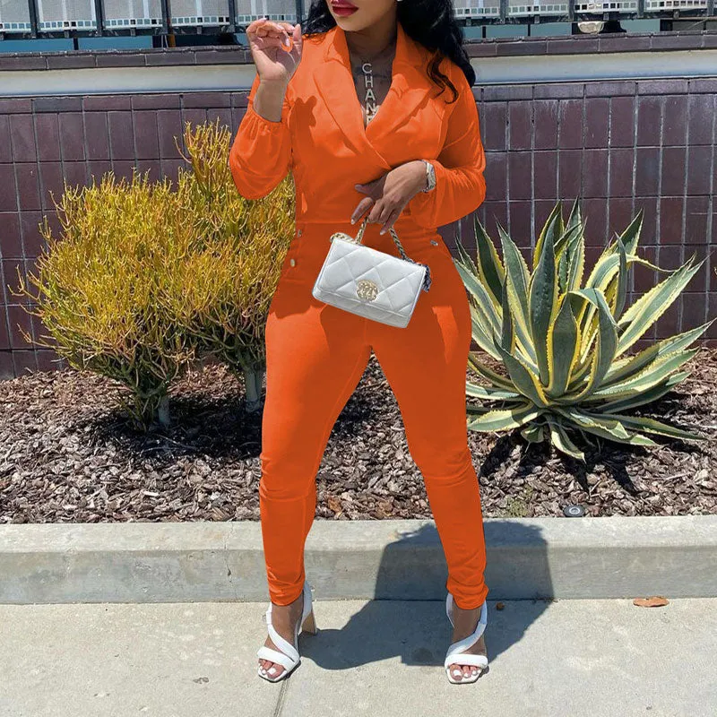 Solid V-Neck Long Sleeve Button Detailed Jumpsuit