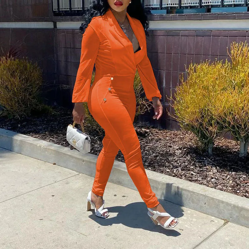 Solid V-Neck Long Sleeve Button Detailed Jumpsuit