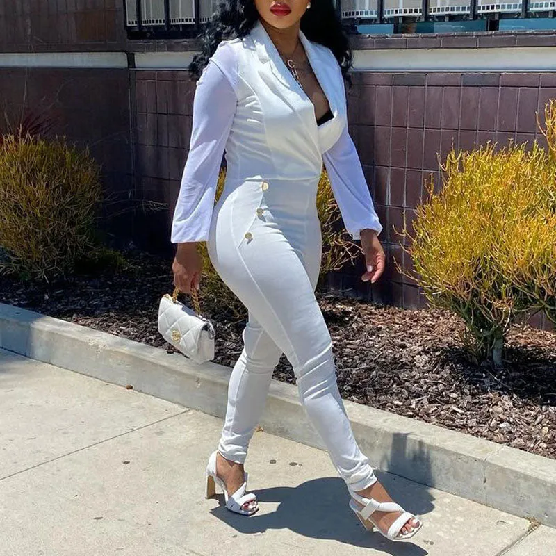 Solid V-Neck Long Sleeve Button Detailed Jumpsuit