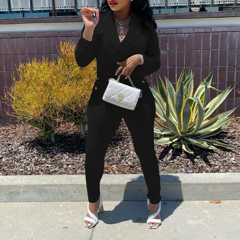 Solid V-Neck Long Sleeve Button Detailed Jumpsuit