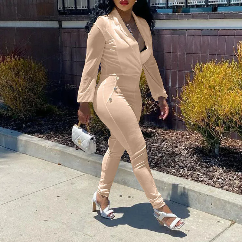 Solid V-Neck Long Sleeve Button Detailed Jumpsuit