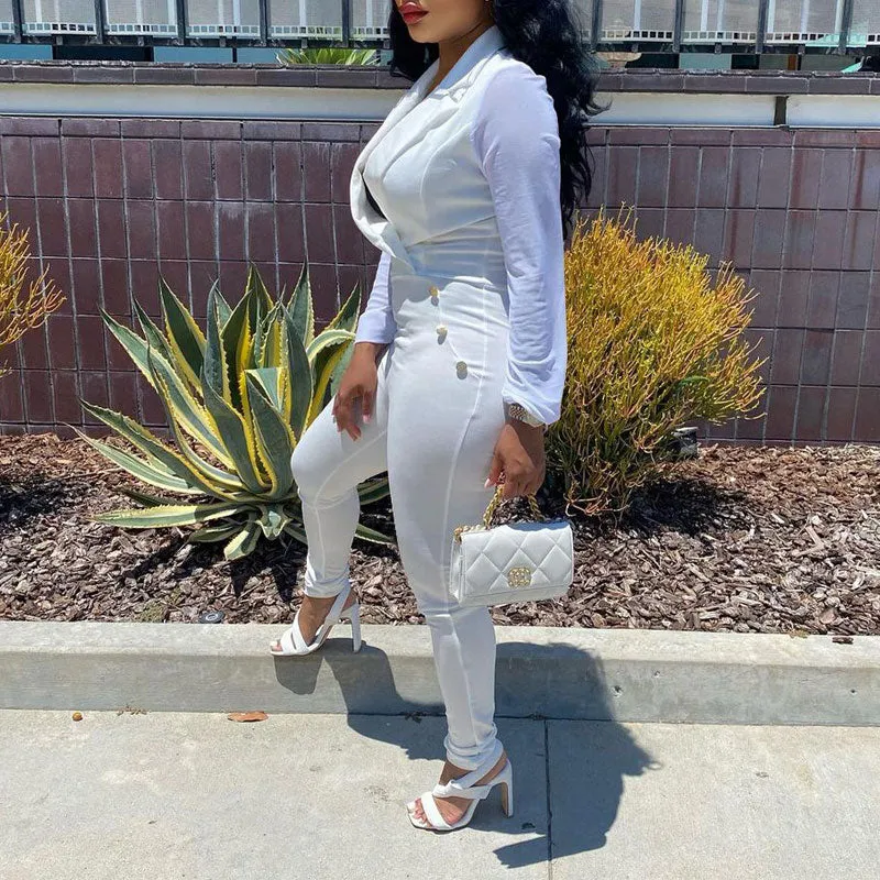 Solid V-Neck Long Sleeve Button Detailed Jumpsuit