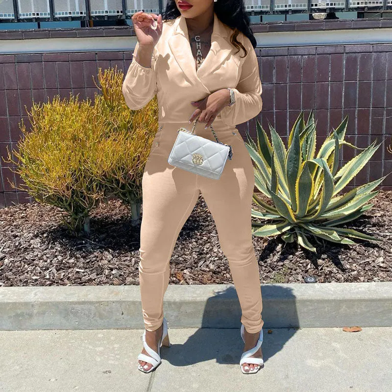 Solid V-Neck Long Sleeve Button Detailed Jumpsuit