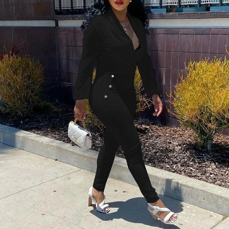 Solid V-Neck Long Sleeve Button Detailed Jumpsuit