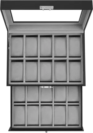 SONGMICS 20-Slot Watch Box with Glass Lid 2 Layers Black Synthetic Leather Gray Lining JWB006V1