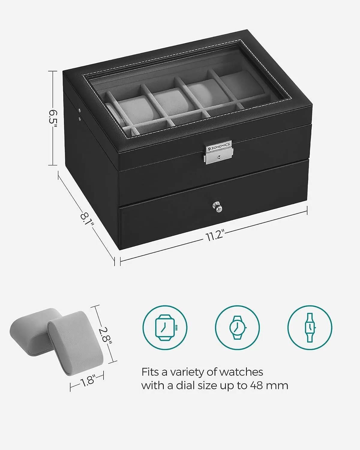 SONGMICS 20-Slot Watch Box with Glass Lid 2 Layers Black Synthetic Leather Gray Lining JWB006V1
