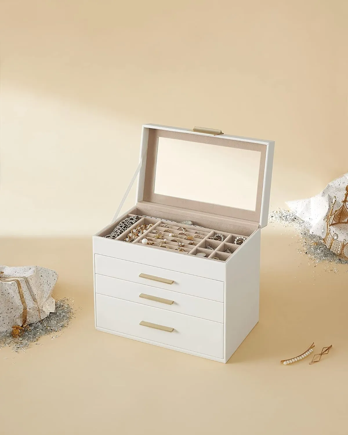 SONGMICS 4-Layer Jewelry Box with 3 Drawers and Glass Lid Cloud White and Gold Color
