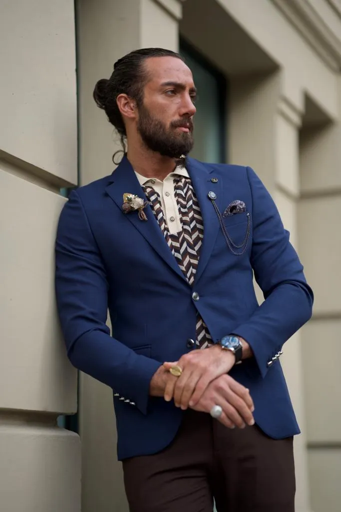 Sorento Navy Blue Slim Fit Notch Lapel Linen Blazer