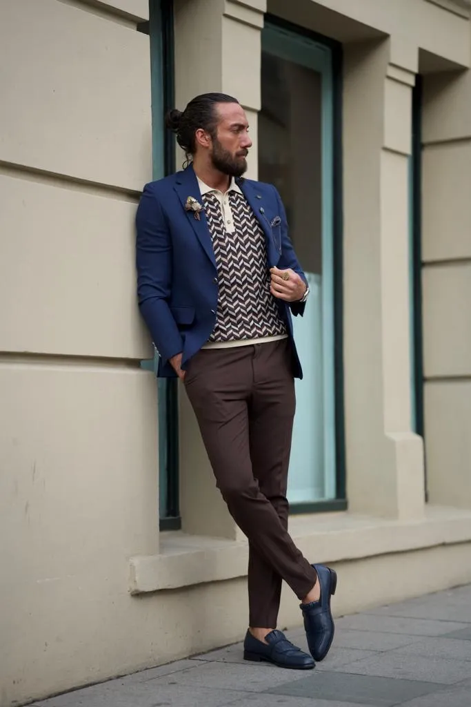Sorento Navy Blue Slim Fit Notch Lapel Linen Blazer