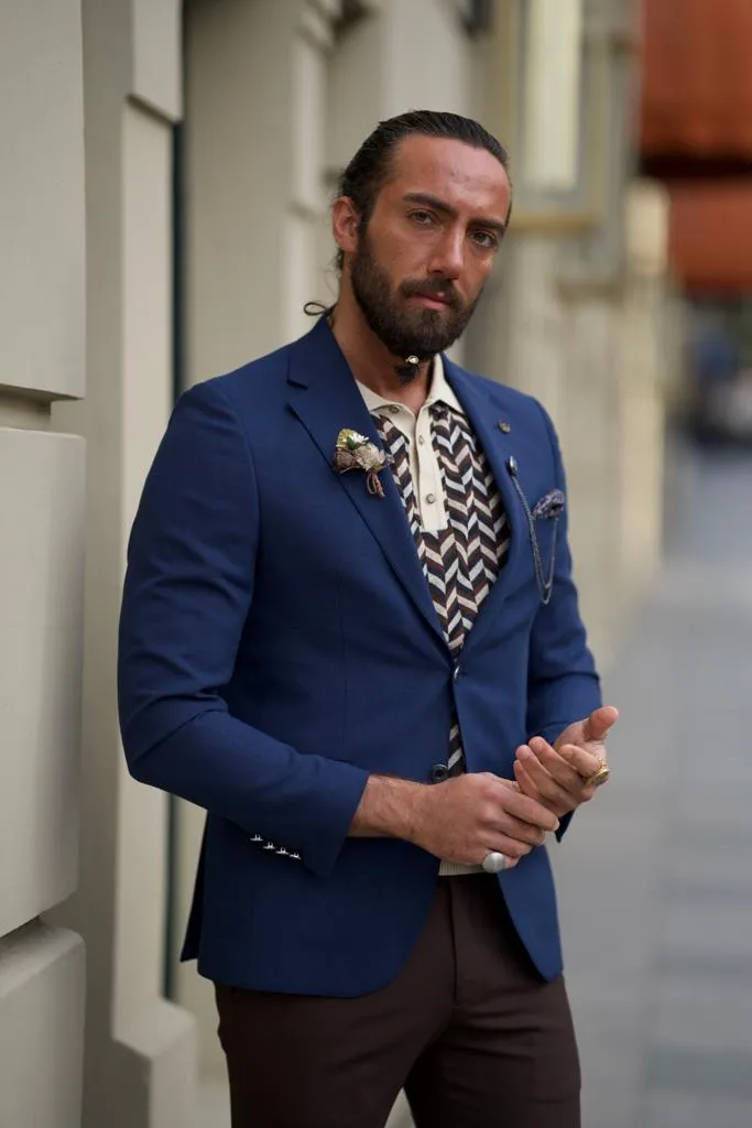 Sorento Navy Blue Slim Fit Notch Lapel Linen Blazer