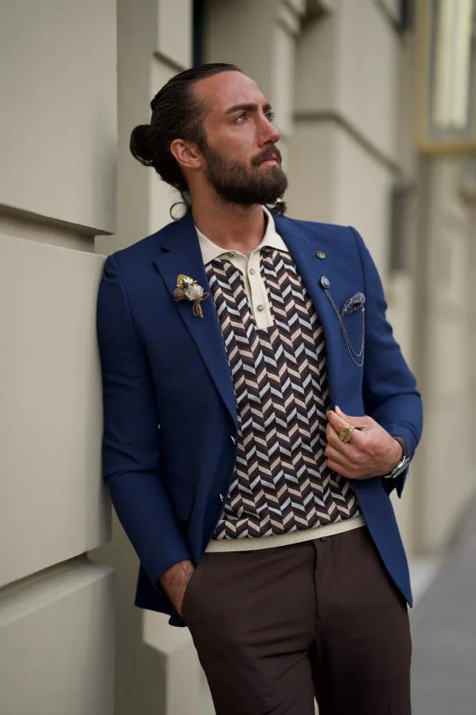 Sorento Navy Blue Slim Fit Notch Lapel Linen Blazer