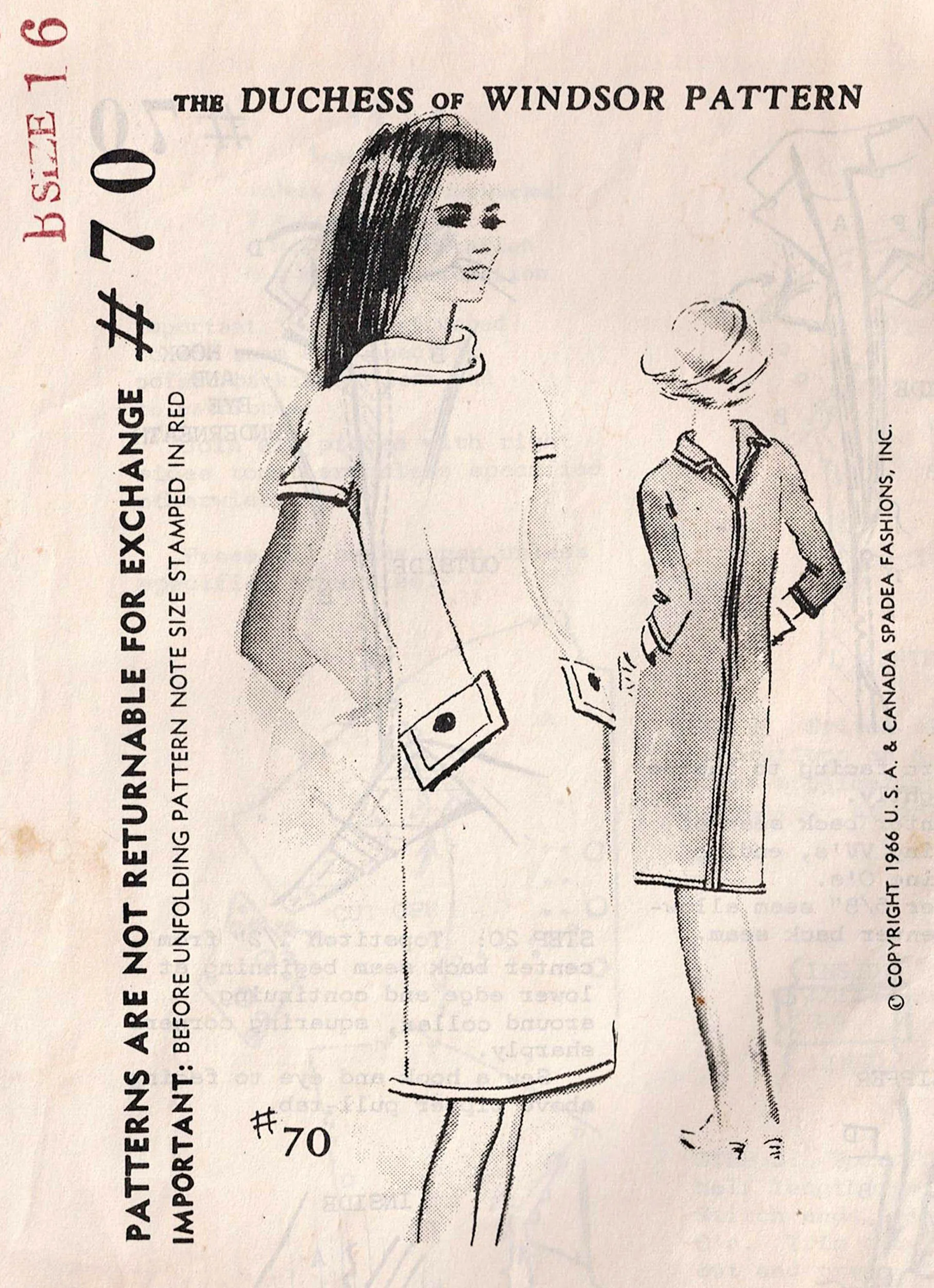 Spadea 70 DUCHESS OF WINDSOR Womens Slim Back Zippered Dress with Reverse Collar 1960s Vintage Sewing Pattern Bust 38 Inches