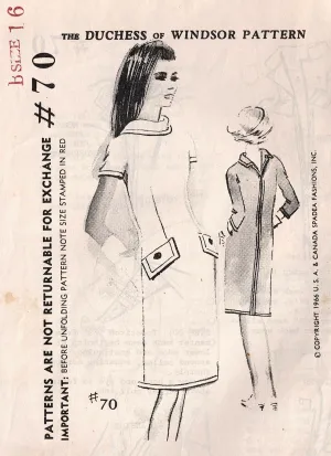 Spadea 70 DUCHESS OF WINDSOR Womens Slim Back Zippered Dress with Reverse Collar 1960s Vintage Sewing Pattern Bust 38 Inches