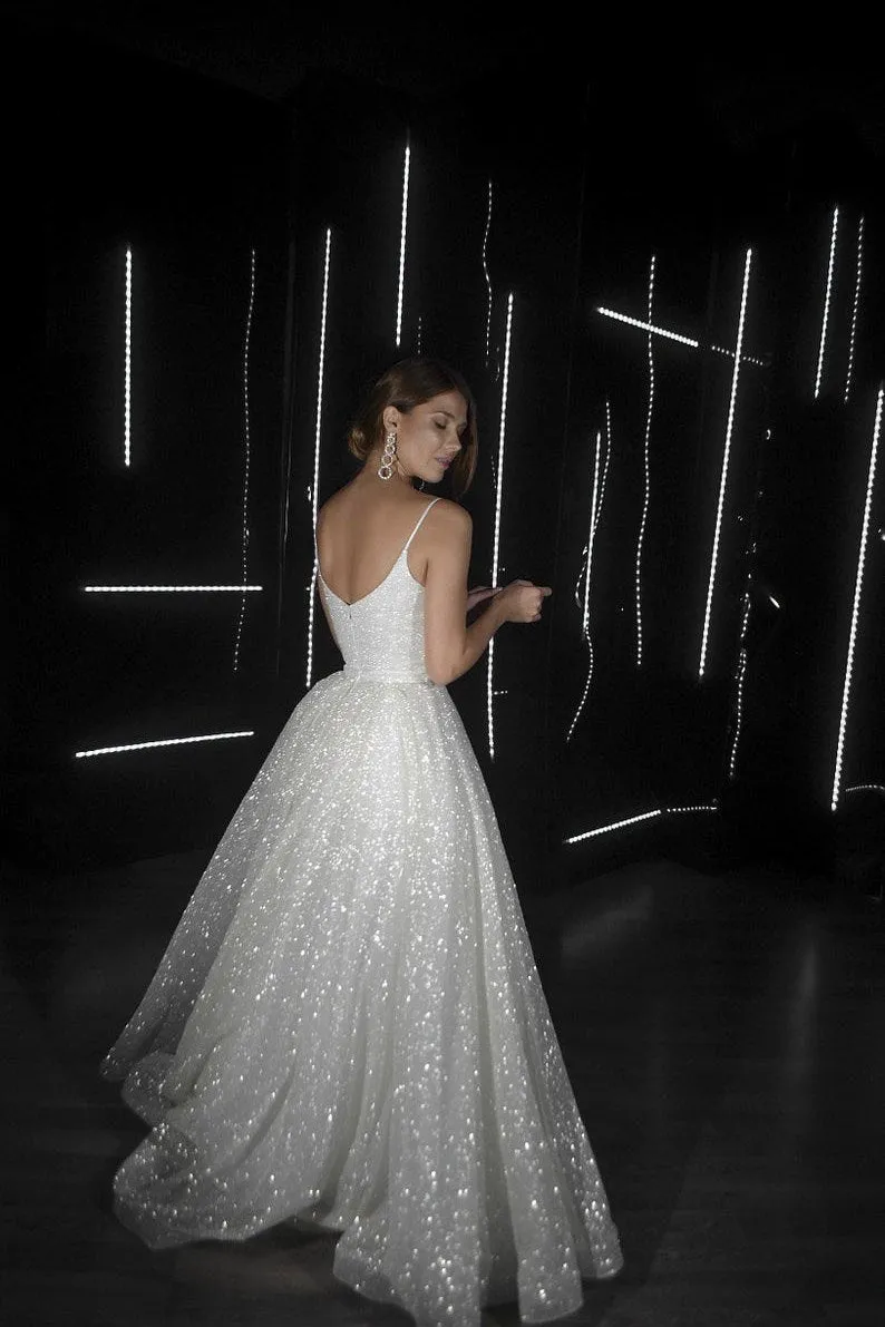 Sparkly Glitter White Prom Dresses Long A Line Sequin Wedding Dresses