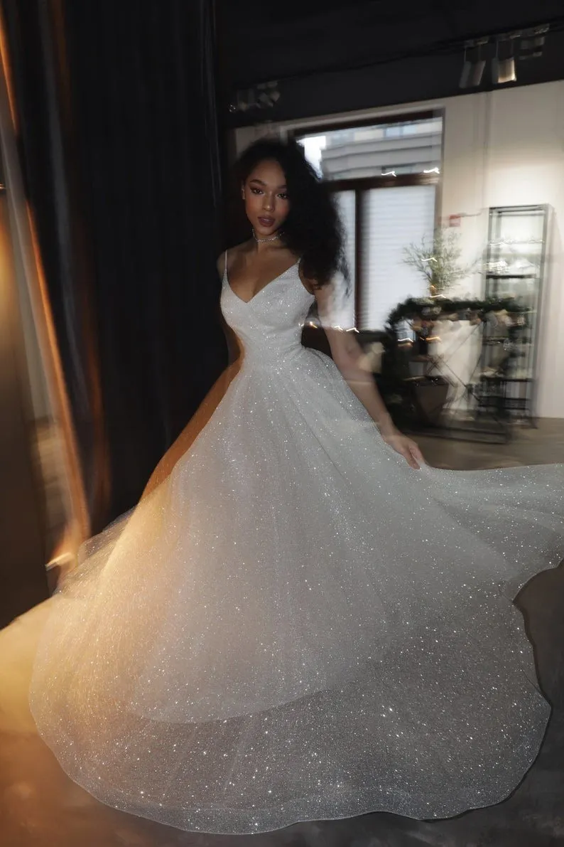 Sparkly Glitter White Prom Dresses Long A Line Sequin Wedding Dresses
