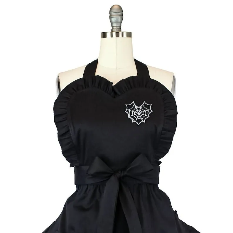 Spiderweb Embroidered Heart Black Vintage Inspired Apron #SHEA