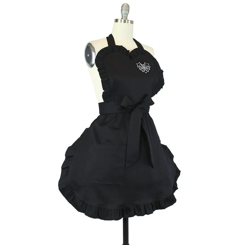 Spiderweb Embroidered Heart Black Vintage Inspired Apron #SHEA
