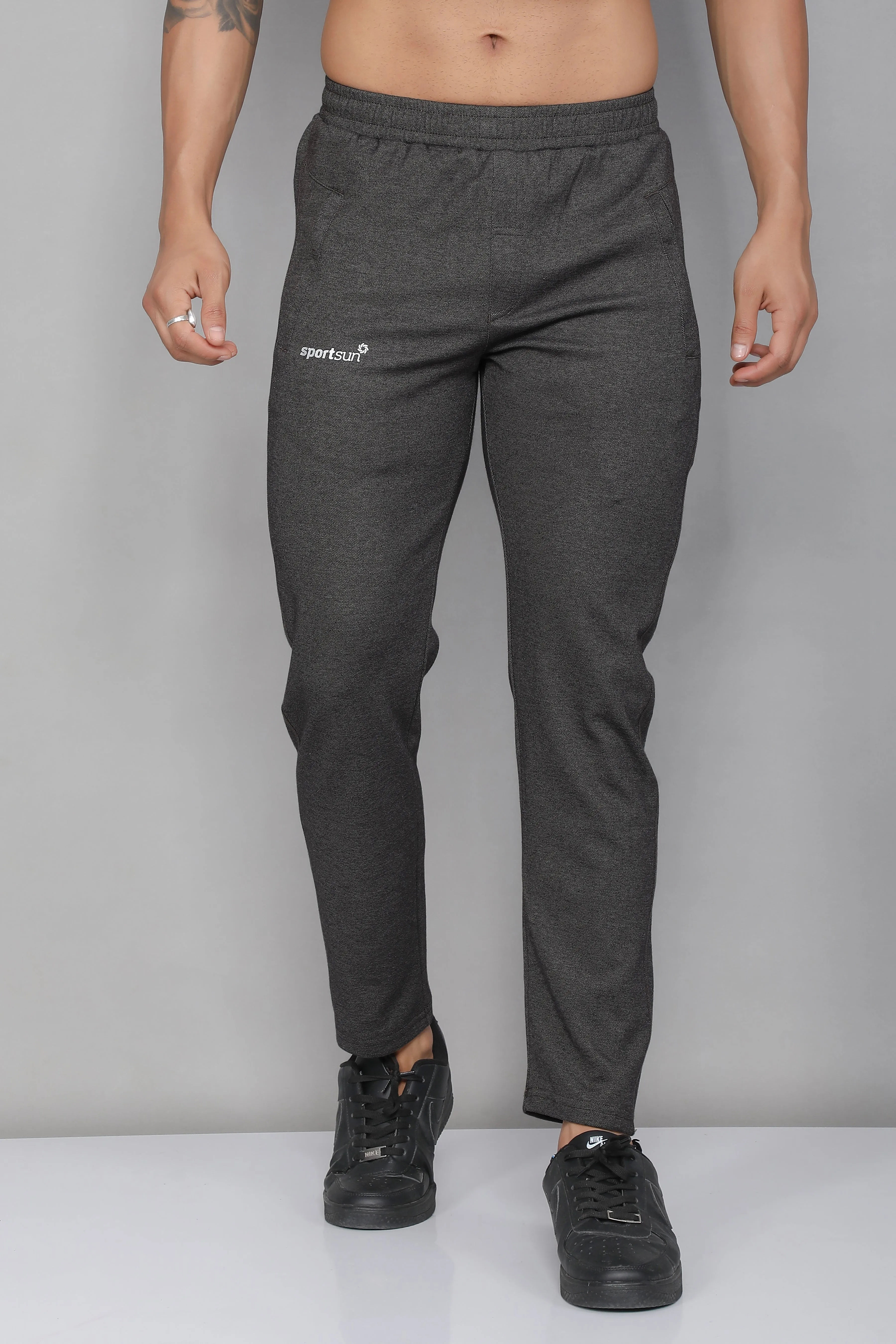 Sport Sun Active Cotton Black MIlange Track Pant for Men