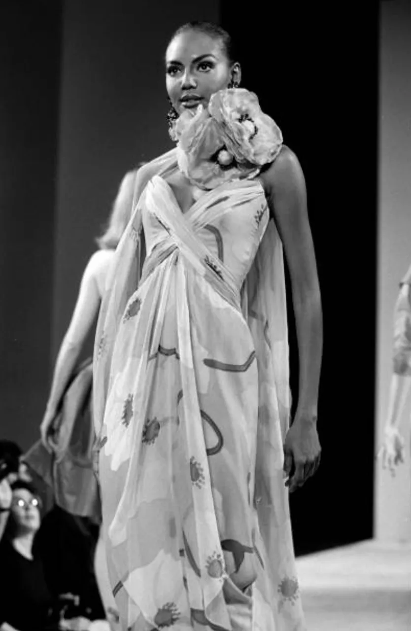 Spring 1992 Bob Mackie Huge Tropical Flower Print Silk Chiffon Dress w Matching Cape