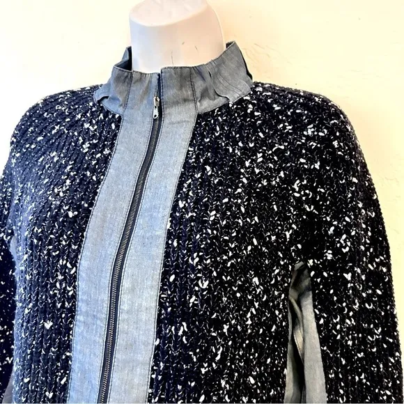 ST JOHN Mixed Media Santana Knit and Chambray Trimmed Zippered Jacket Size S
