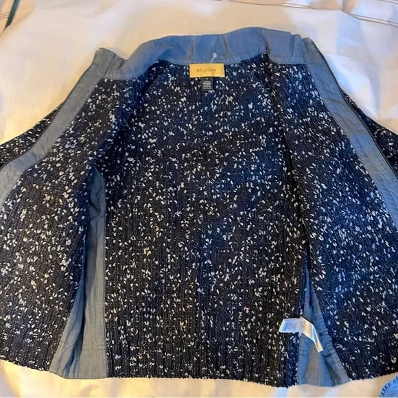 ST JOHN Mixed Media Santana Knit and Chambray Trimmed Zippered Jacket Size S